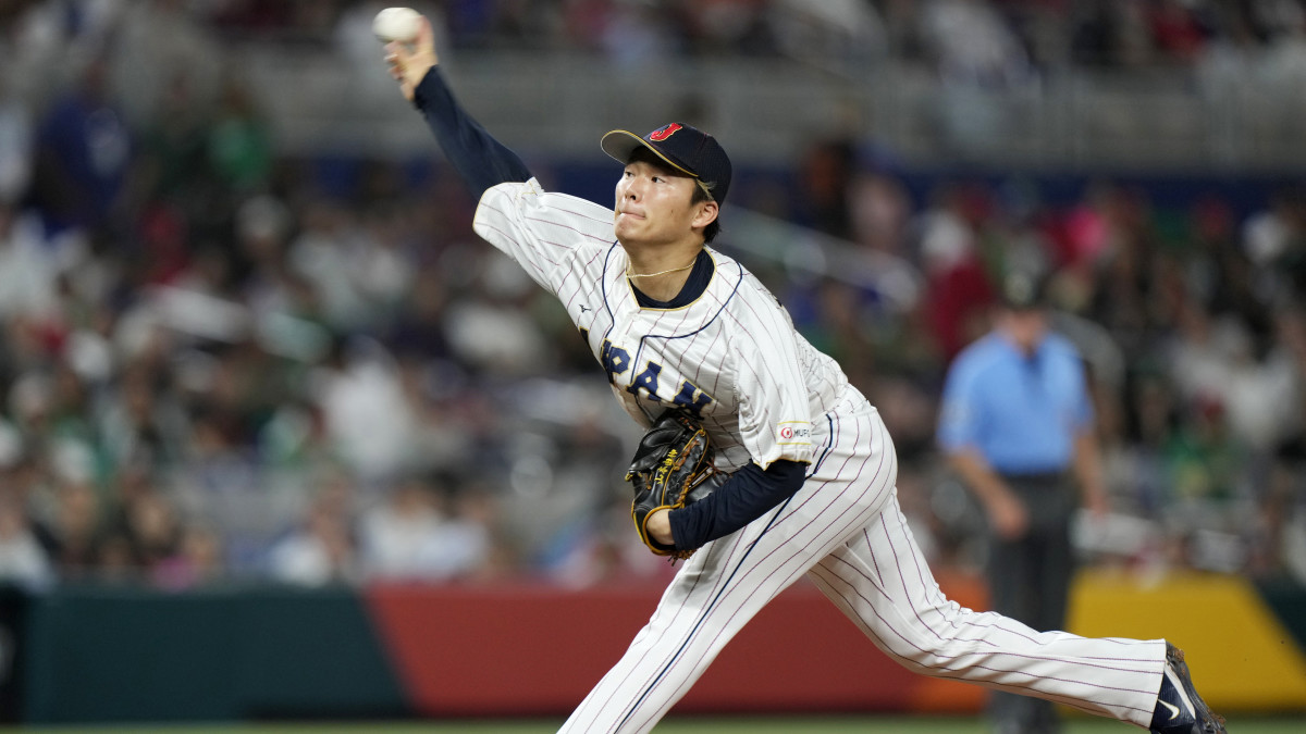 Japan’s Yoshinobu Yamamoto delivers a pitch during the fifth inning of a World Baseball Classic game against Mexico.
